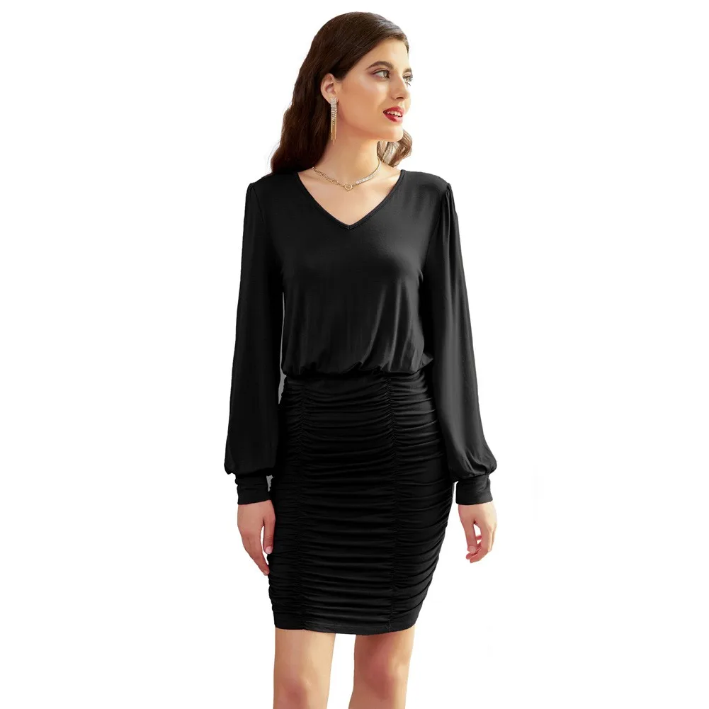 

Grace Karin Womens Sexy Bodycon Dresses Ruched Mini Dress Long Sleeve V-Neck Elastic Waist Evening Dress Ladies Elegant Vestidos