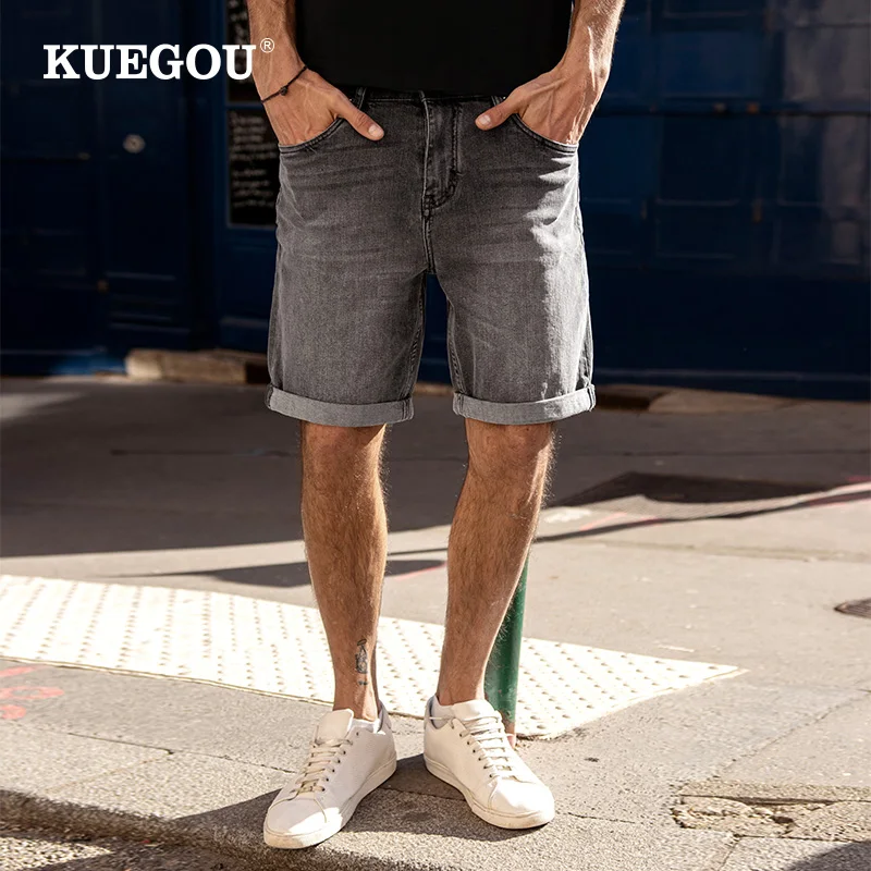 Мужские джинсовые шорты KUEGOU черные из 2022 хлопка в винтажном стиле лето 3033 |