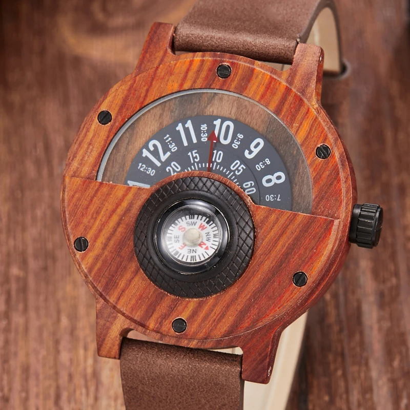 Creative Wooden Watch Men Wrist Watches Real Solid Natural Walnut Wood Watches Rosewood Male Turntable Compass Wristwatch Clock holy buddha wood watch for men minimalist men s wristwatch men bamboo watches engrave male cork wood wrist clock montre homme