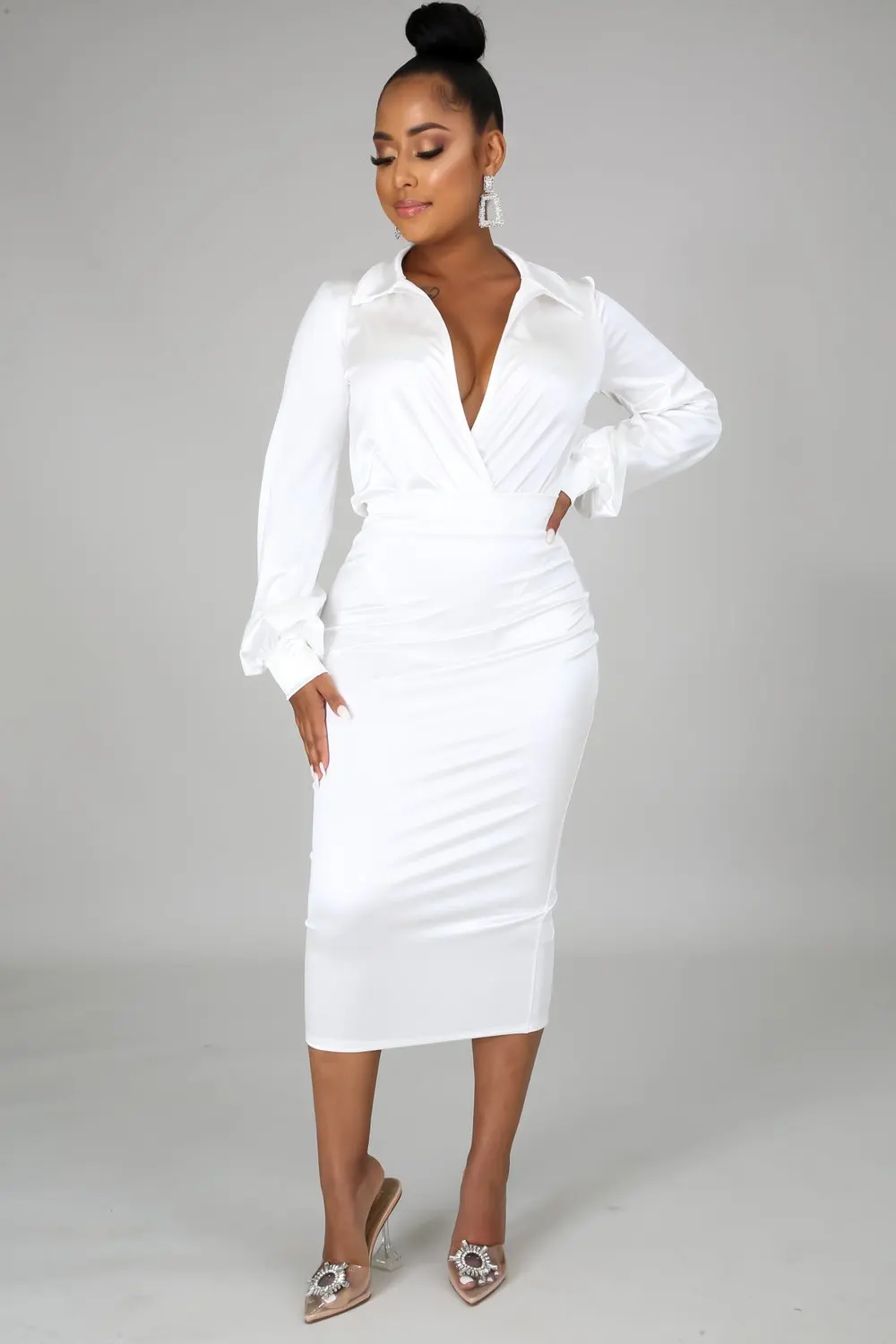 

Autumn Turn Down Collar Long Sleeve Silk Shirt Midi Dress Elegant OL Office Ladies Sexy Dresses Party Vintage Vestidos Robe
