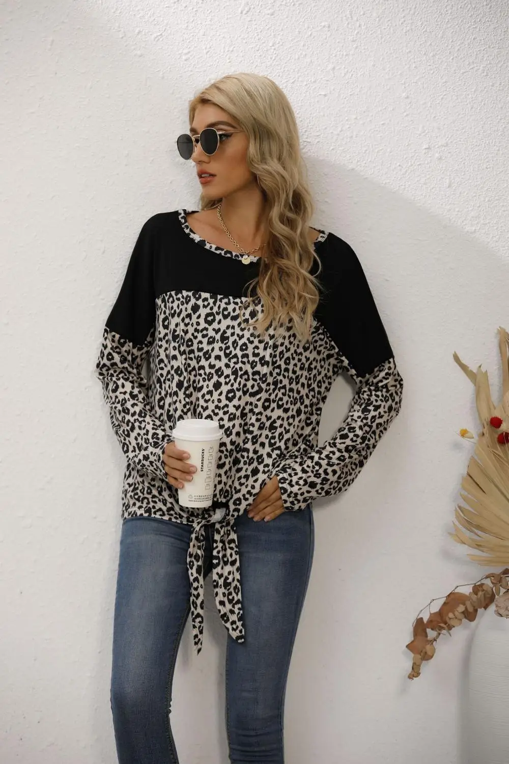 

Women Hoodies Autumn 2020 Leopard Print Color Block Hem Knot Print Sweatshirt Streetwear Sweatshirts Cool Pullover Tops