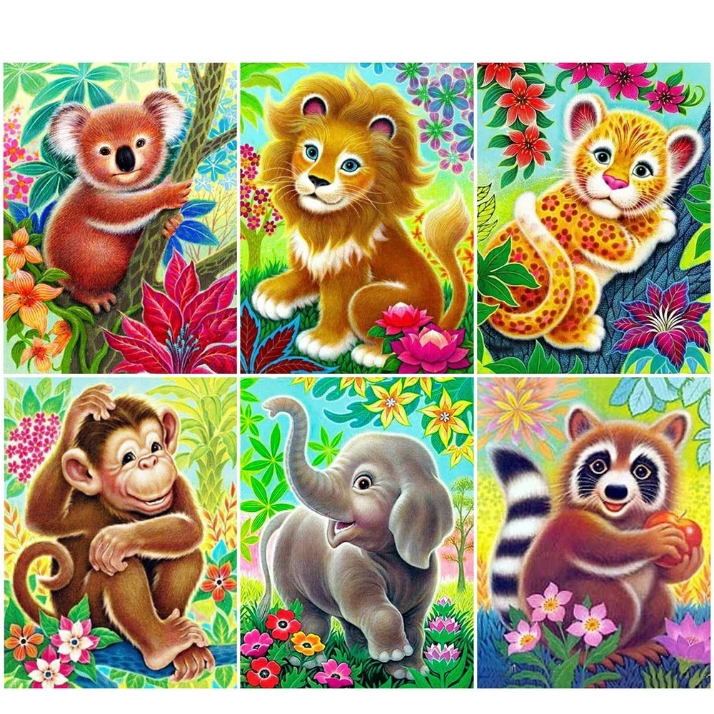 

Cartoon Animals Diamond Painting Lion Elephant 5D Diamond Embroidery Mosaic Full Square Round Drill Cross Stitch Wall Art Decor