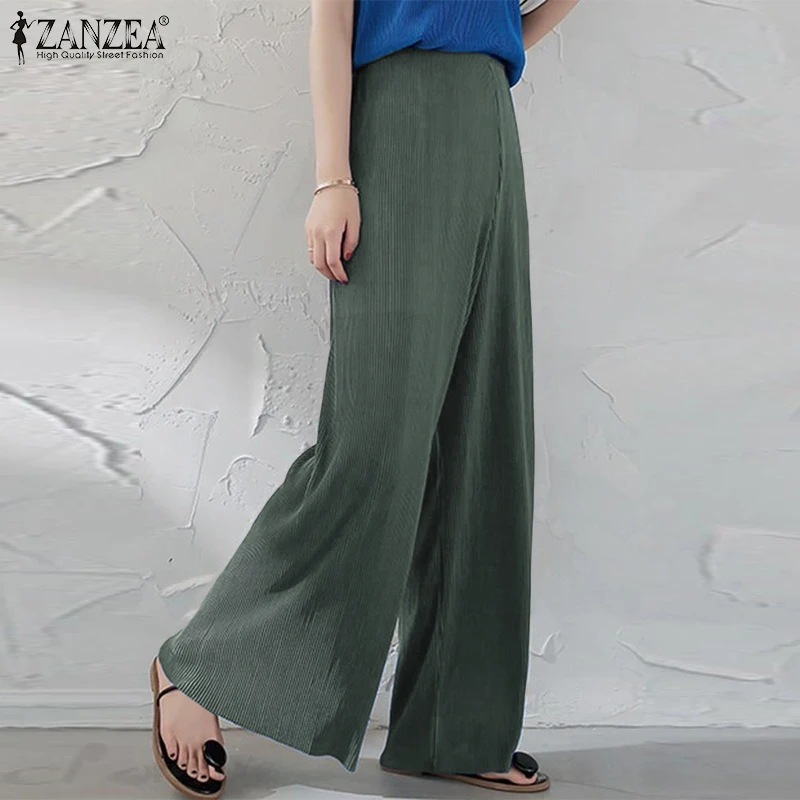 

Брюки ZANZEA женские плиссированные с широкими штанинами, модные повседневные длинные брюки с эластичным поясом, однотонные с принтом палаццо...