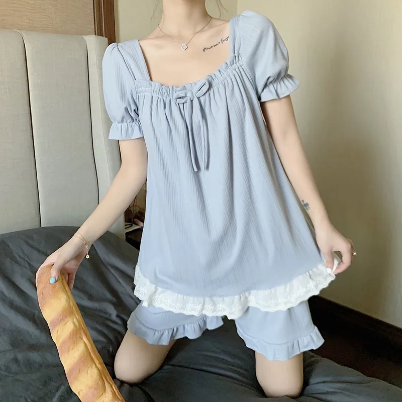 

Pajamas Women Summer Cotton Sleepwear Lace Short-sleeved Shorts Princess Style Pijama Set Sweet Home Suit Two-piece Nightwear