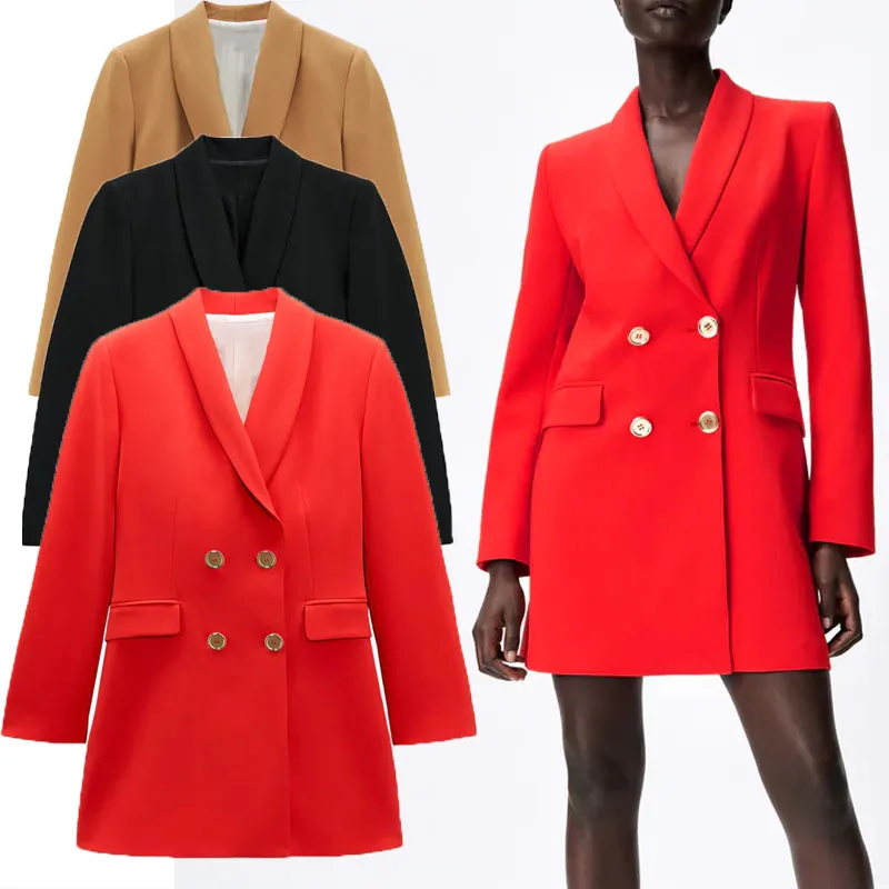 

ZA 2021 Long Double Breasted Blazer Women Long Sleeve Pronounced Shoulder Office Lady White Blazers Female Red Black Autumn Coat