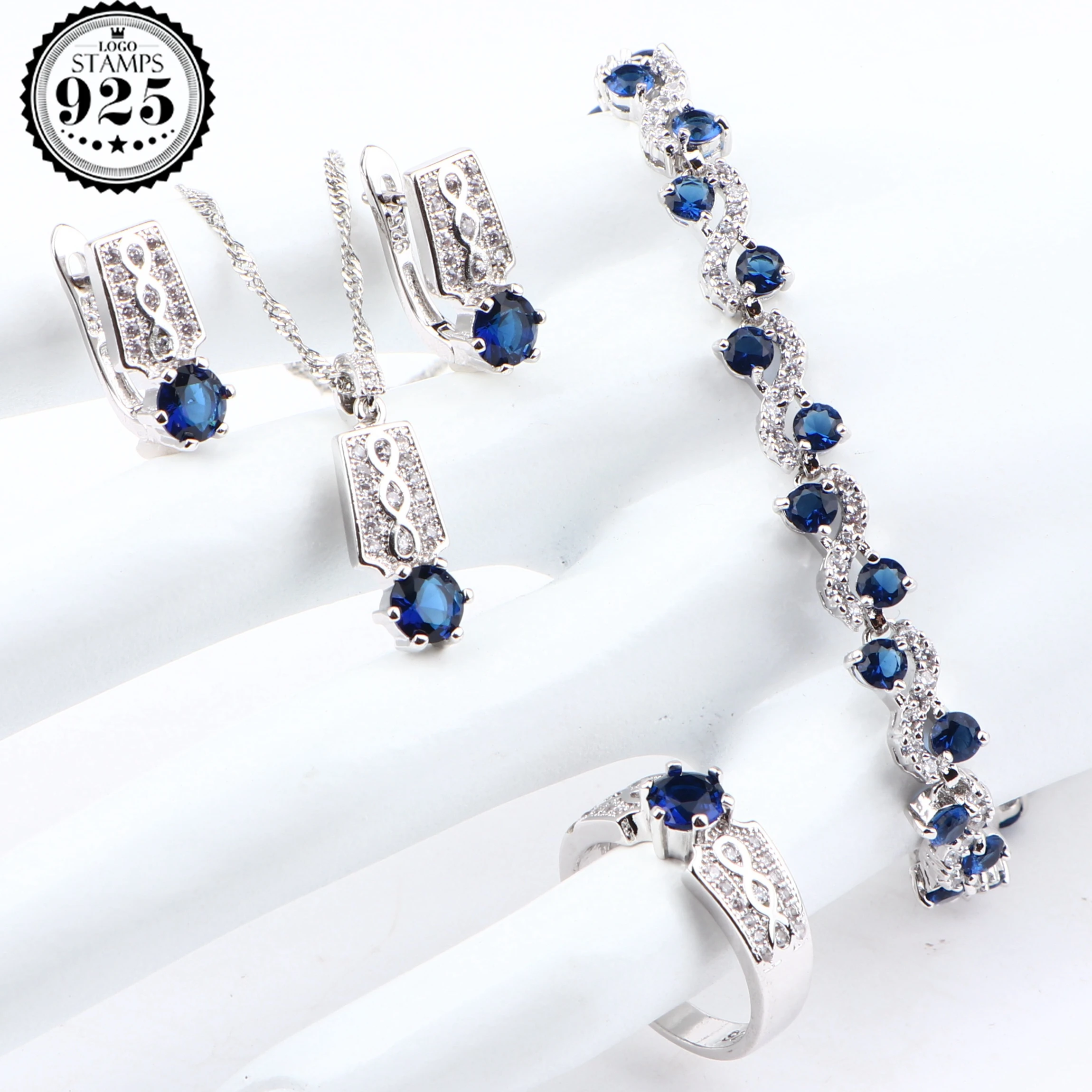 Blue Zirconia Silver 925 Bridal Jewelry Sets For Women Luxury Wedding Costume Jewelry Pendants Bracelets Rings Earrings Necklace