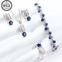 blue zirconia silver 925 bridal jewelry sets for women luxury wedding costume jewelry pendants bracelets rings earrings necklace