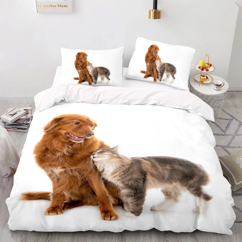 

3D Золотой ретривер и кошка узор 228 × 228 набор пододеяльников с наволочкой, 203 × 229 пододеяльник, очень большой комплект постельного белья
