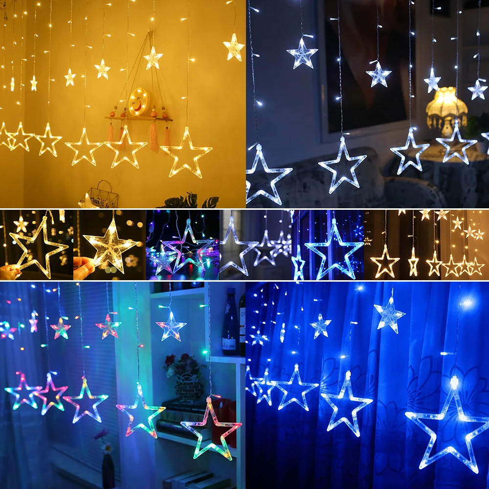 

LED Star Curtain String Light Christmas Lights 12 Stars 138 LEDs Fairy Light for Wedding Holiday Party Home Garden Outdoor D30