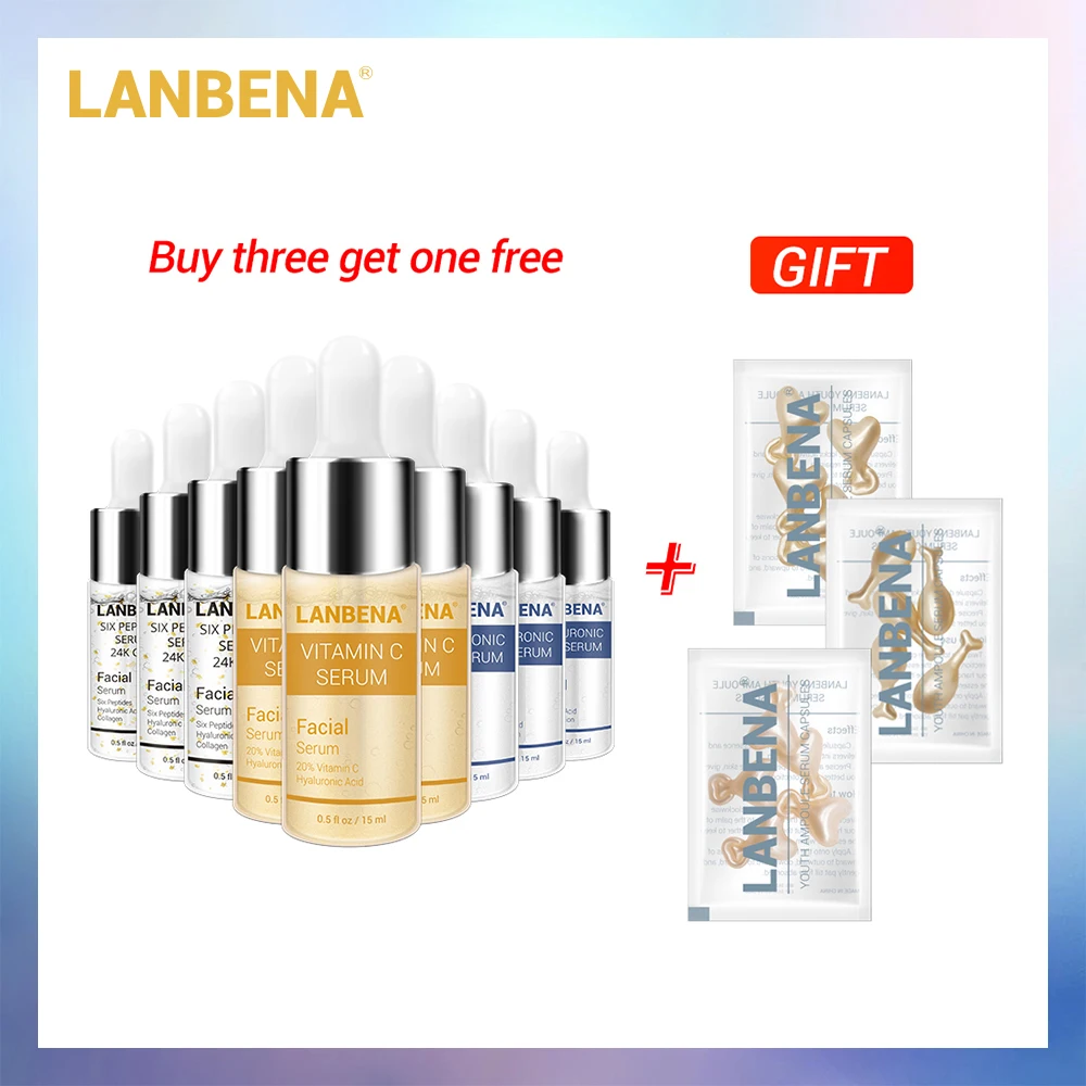 Купить 3 получить 1 подарок LANBENA Витамин С+ шесть пептидов 24 К золото+ Сыворотка с гиалуроновой кислотой 3 набор+ морщины Сыворотка для лица дневной крем для глаз