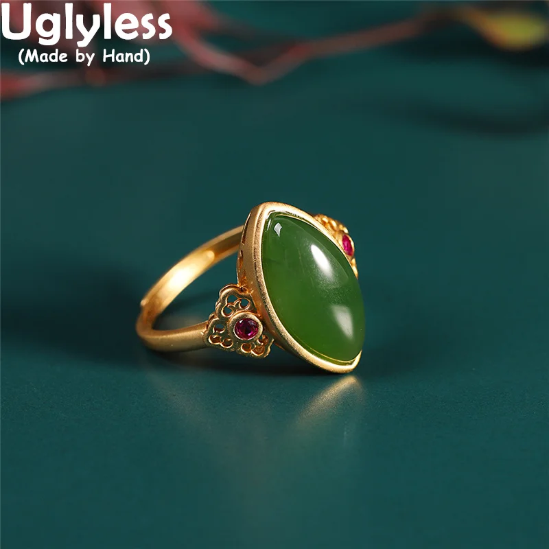 

Uglyless Rugby-shaped Jasper Rings for Women Real 925 Silver Natural Gemstones Jewelry Vintage Gold Green Jade Rings Crystals