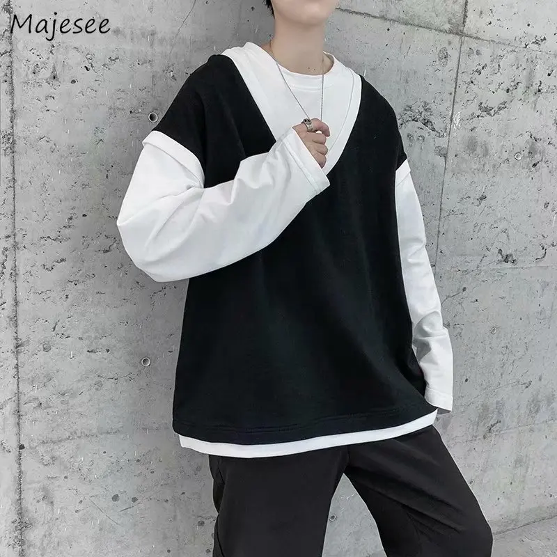 

Мужские толстовки в стиле пэчворк с длинным рукавом, имитация двух частей, толстовки с круглым вырезом, трендовые универсальные свободные т...