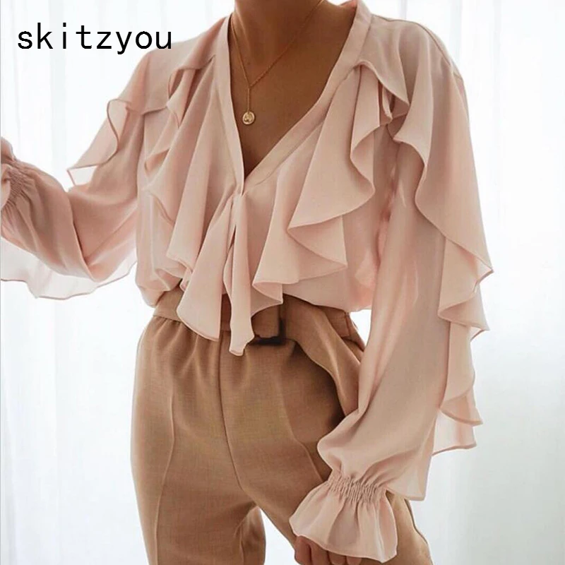 Skitzyou/кружевная шифоновая Женская Осенняя блузка в стиле бохо с длинным рукавом