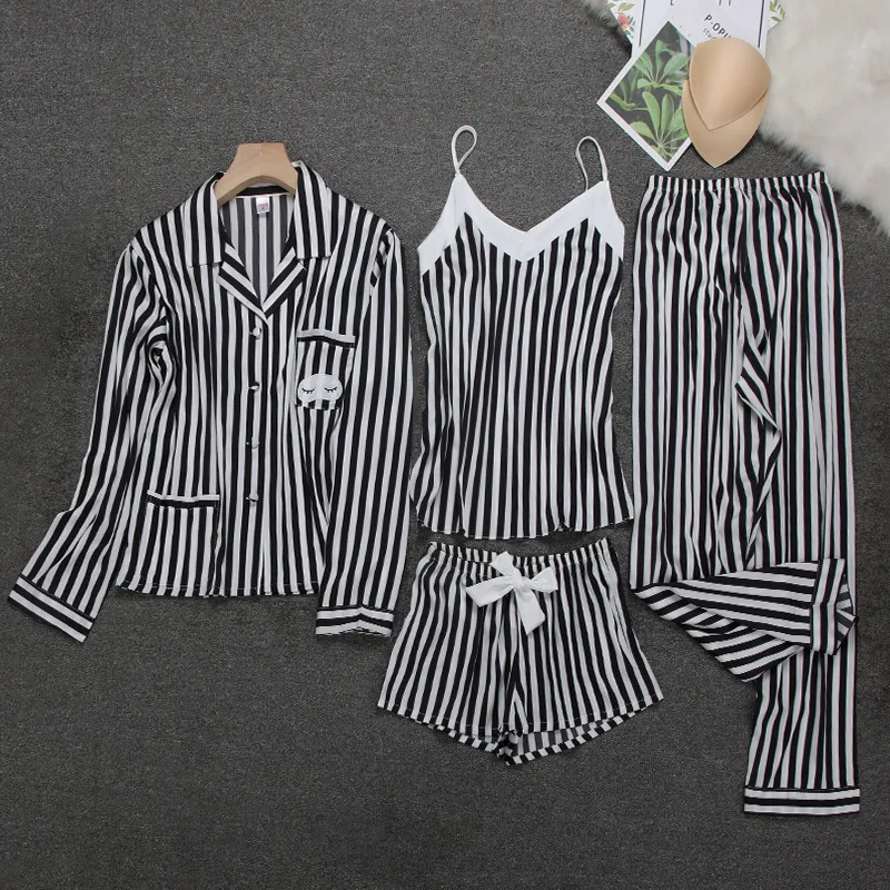 

Women Pajamas Sets 4 Pieces Fashion Spaghetti Strap Tops Satin Sleepwear Female Stripes Long Sleeve Summer Home Clothing Pijama