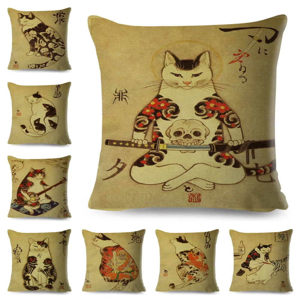 

Винтажный чехол для подушки с татуировкой в виде японского самурайского кота, декоративный Ретро Чехол для дивана, домашняя Автомобильная ...