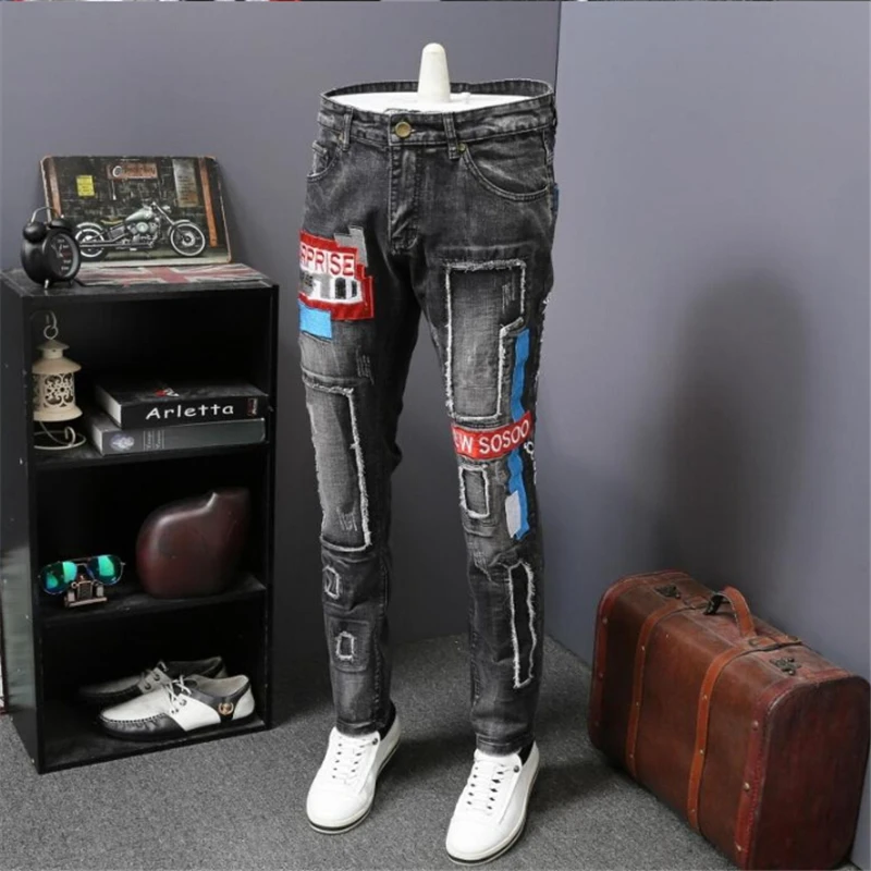 

men's black grey body-building strai jean new style personality European and American fashion holes patch embroidered jeans