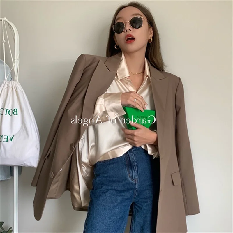 

ZAWAHIKI Satin Sexy Solid Women Shirts Single Breasted Brief Elegant Blouses Workwear Tops Spring 2021 Korean Retro Blusas Mujer