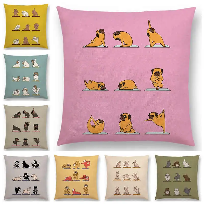 

45cm Linen Animals Yoga Funny Cartoon Prints Cushion Cover Alpaca Bunny Dachshund Bull Terrier Hippo Dogs Panda Sofa Pillow Case