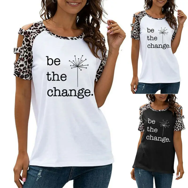 

Womens Top Short Sleeve Cold Shoulder T-Shirt Leopard Print Casual Loose Tops Ladies Straight t Shirt Female