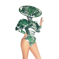 vintage nightclub party performance costumes green leaves puff sleeve top shorts hat 3 piece stage outfit sets singer stage wear