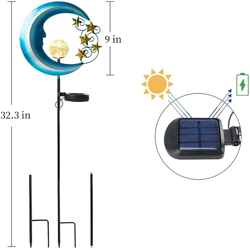

Stars Moon Solar Lights Outdoor - Solar Powered Garden Lights Decorative Crackle Glass Globe Waterproof Lighting, 2 Pack