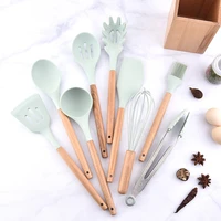 silicone kitchenware 9pcs set utensils sets with wooden handle light green fork scoopspatulastongsturners