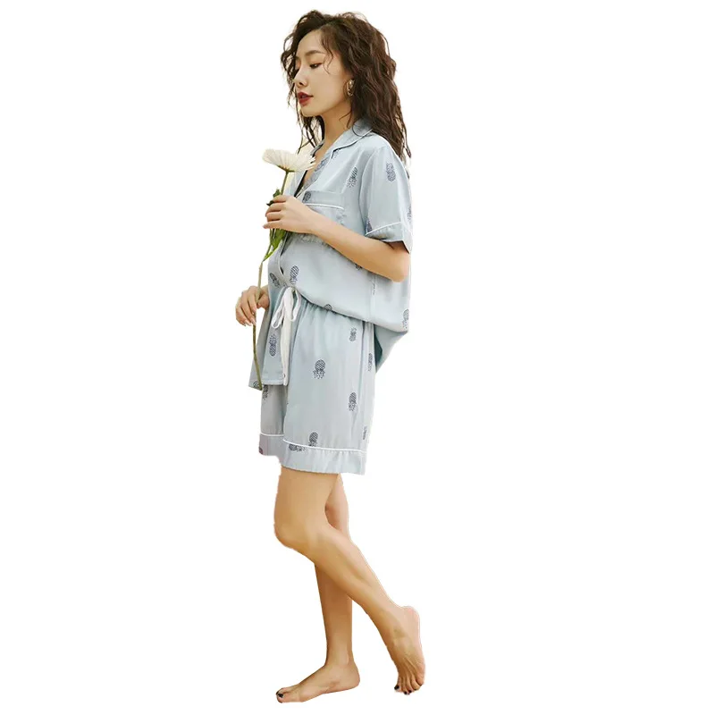 

Short Sleeve Women Pajamas Suit Nightwear Sexy Satin Intimate Lingerie Home Clothing Casual Print Homewear Sleep Set Pyjamas
