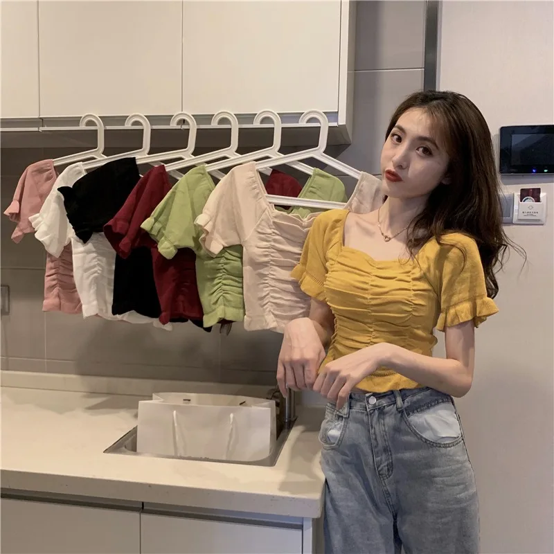 

2021 New Vintage Square Collar Edible Women Tops Tee