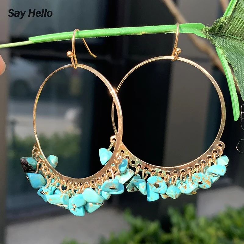 SAY HELLO серьги кольца из бирюзы с неровным камнем подвеска Зелеными камнями