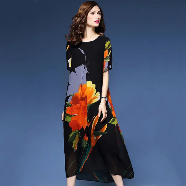 Женское длинное платье с короткими рукавами свободное шелковое принтом модель