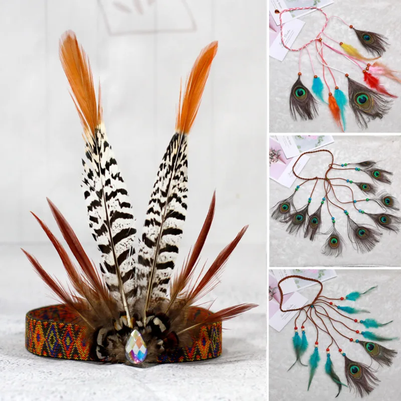 

Fashion Boho Feather Headband For Woman Festival Hair Accessories Peacock Feather Turban Ladies Adjust Hairband