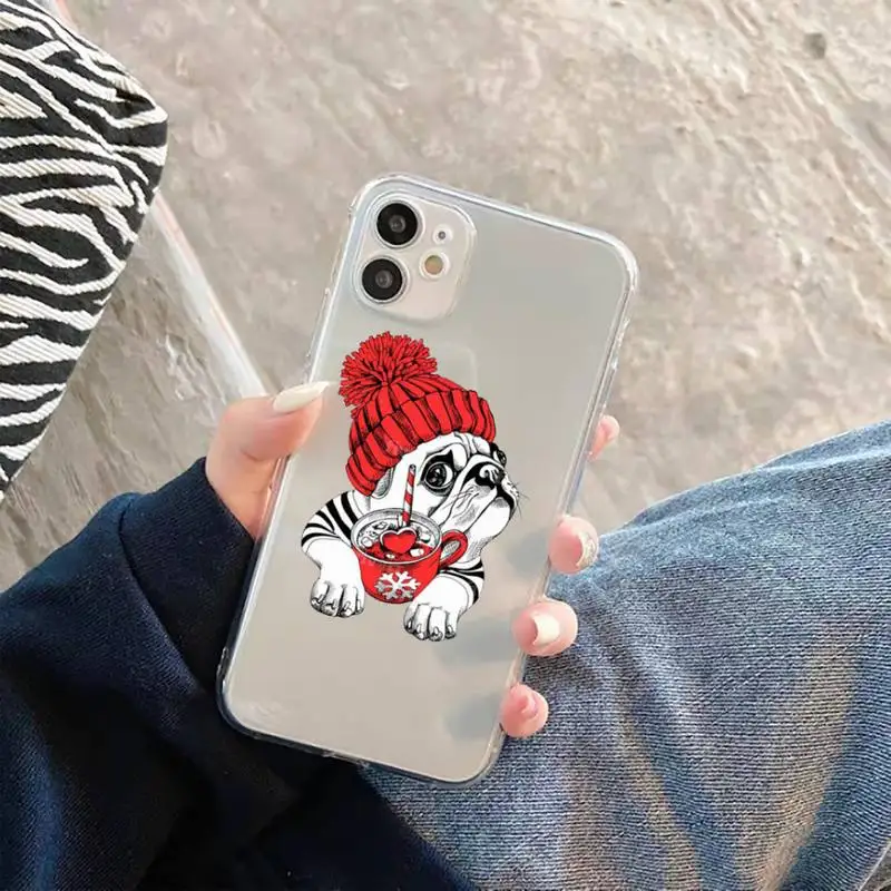 

Cute dog puppy Pug Bulldog blowing balloon Phone Case Transparent for iPhone 11 12 mini pro XS MAX 6 6S 8 7 Plus X 5S SE 2020 XR