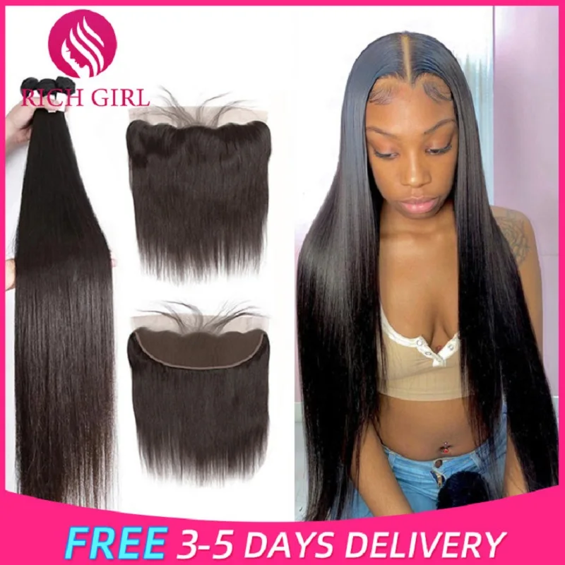 Richgirl Hair 28 30 Inch Brazilian Straight Human Hair Weave Bundles With Closure 13x4 Cheap Frontal With 3 Bundles Remy Hair
