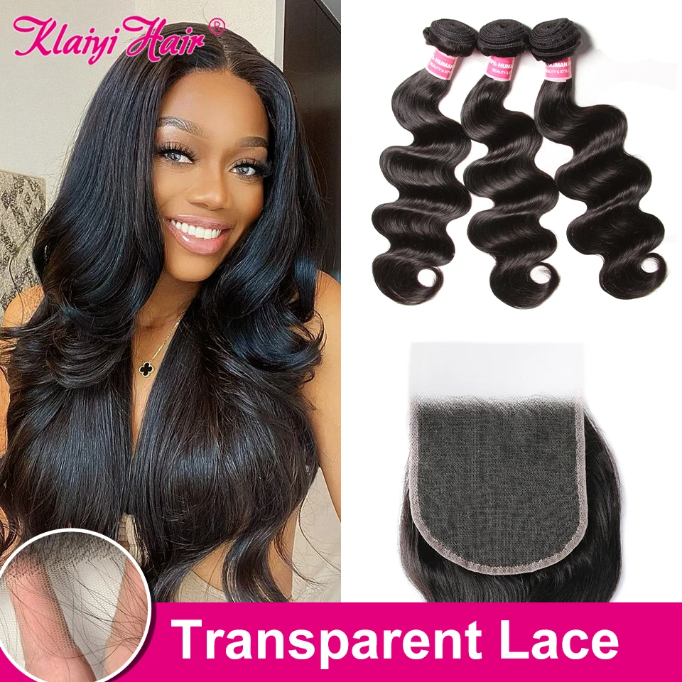 

Klaiyi Hair Body Wave Bundles With 5x5 HD Lace Closure Peruvian Human Remy Hair Weave Lace Closure with Bundles Human Hair Weft