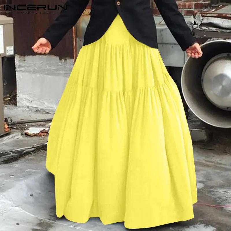 

Новинка от INCERUN, мужская повседневная Уличная одежда, брюки, мужские однотонные свободные модные брюки, плиссированные длинные юбки с широк...