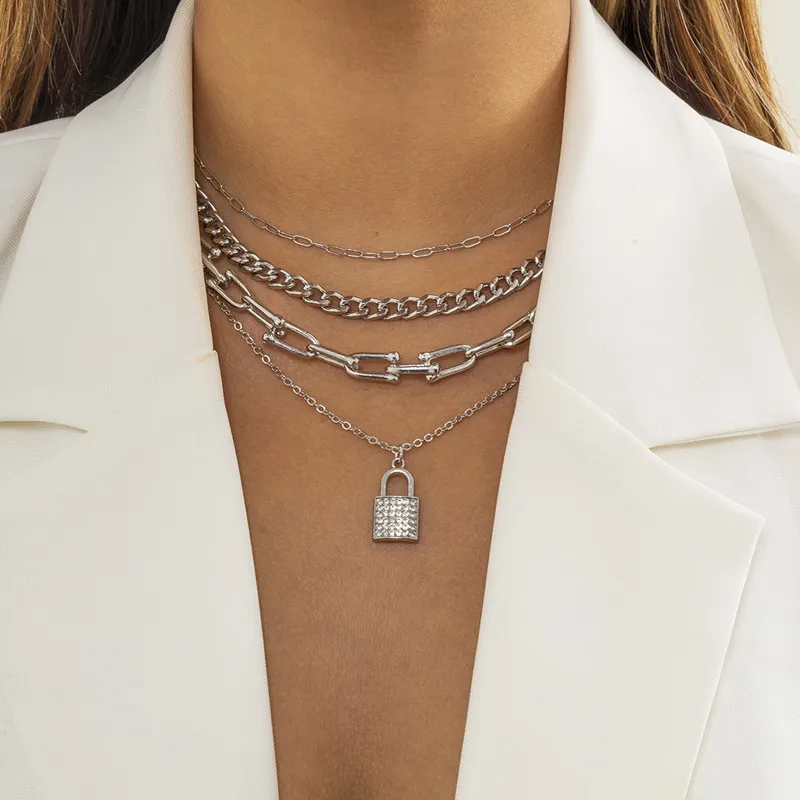 

Fashion Jewelry 4 pcs Per Set Metal Choker Necklace Popular Design Multi Layer Chain Lock Necklace For Women Gifts Drop shipping