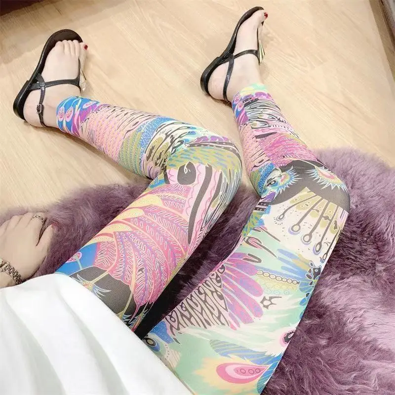 2021 Summer Thin Korean Mesh Printed Women's Leggings Slim-fit Elastic Waist Sexy Leggings Casual Leggings All-match Home Pants