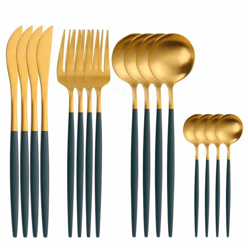 

Stainless Steel Cutlery Set Kitchen Tableware Spoon Fork Knife Set Dinnerware Kitchen Dinner Set Matte 16pcs White Gold Flatware