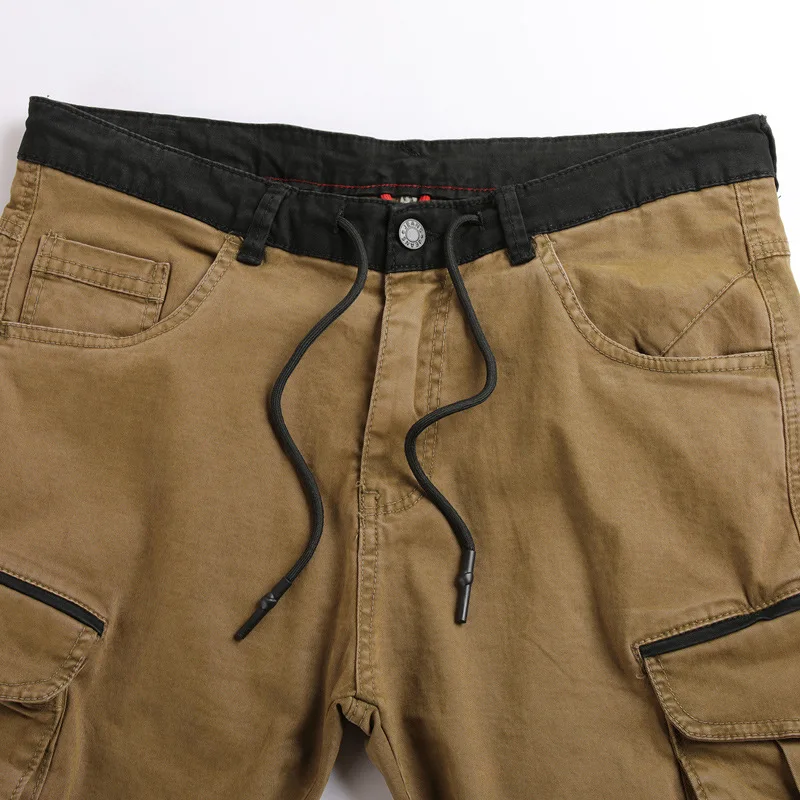 

#7621 Spring Autumn Hip Hop Cargo Pants Men Cotton Elastic Waist Cargo Trousers Zipper Skinny Joggers Men Side Multi Pockets