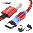 Магнитный зарядный кабель Venroii USB Type-C, Micro USB, 1 м, 2 м, для Samsung, Huawei, USB-C Kable, Xiaomi Redmi Note 8, 7, K20, K30 Pro