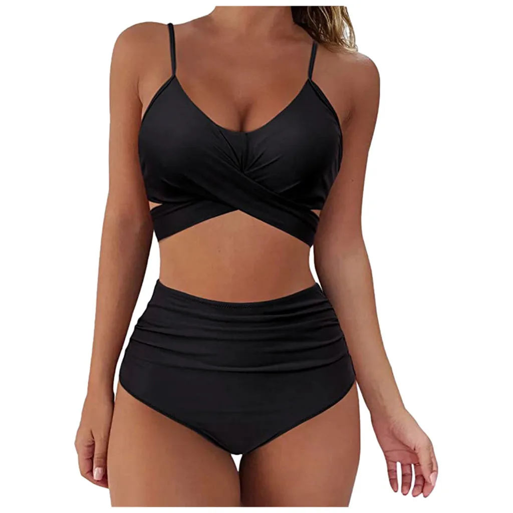 High Waist Bikinis 2021 Swimwear Women Push Up Swimsuits Solid Brazilian Bikini mujer Ribbed Biquini Strap Swim Bathing Suits | Женская