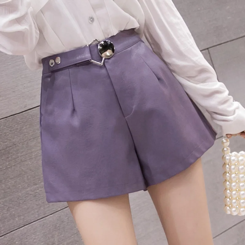 

High-waisted design wide-leg A-Line women 2020 washed pu leather shorts female winter short trousers fashion