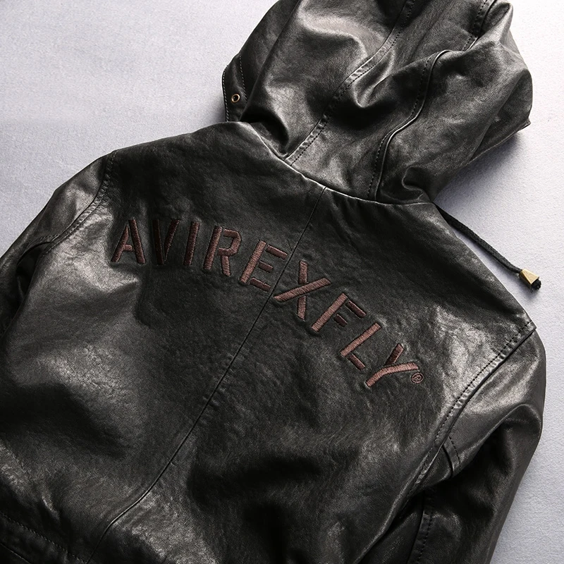 

men's Avirex New fly hooded leather men green sheepskin flight black casual pilot jacket autumn windbreaker