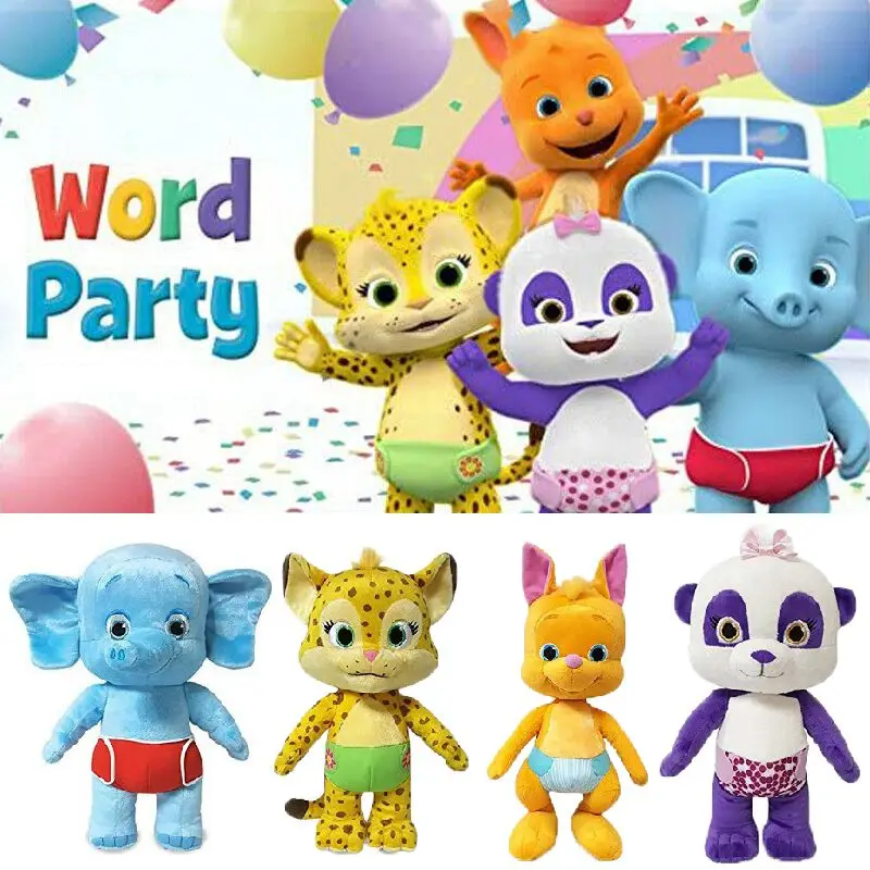 

25cm Word Party Plush Toys Learning Stuffed Doll Lulu Franny Bailey Kip Leopard Kangaroo Elephant Panda Animal Toys Kids Gifts