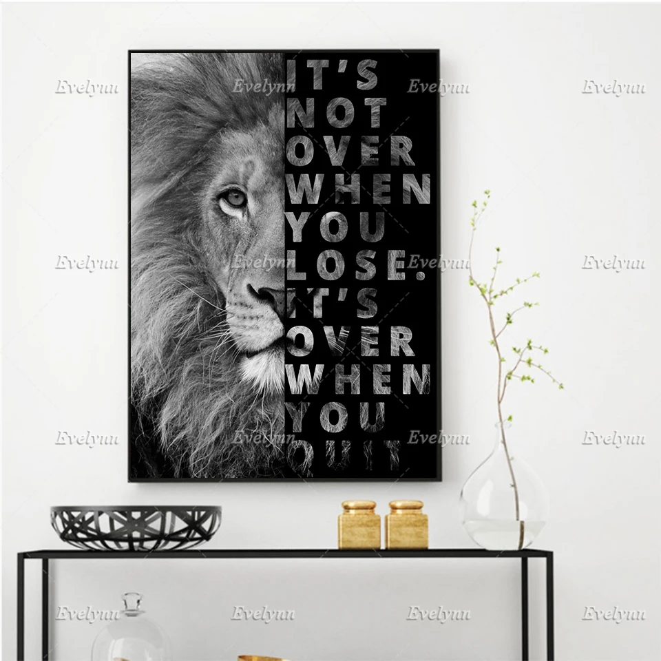 

Wall Art: Lion - It's Not Over When You Lose. It's Over When You Quit, Inspirational Quote, Print Canvas Poster Floating Frame