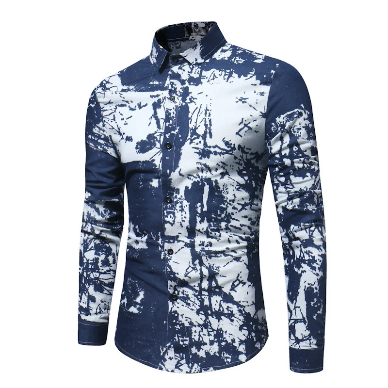 

2021 Spring and Autumn New Men's Casual Floral Long Sleeve Shirt European Youth Linen Slim Fit Shirt