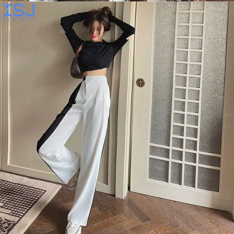 

Брюки женские свободные с широкими штанинами, модные повседневные строченные штаны в стиле ретро, с завышенной талией, черные белые, на лето