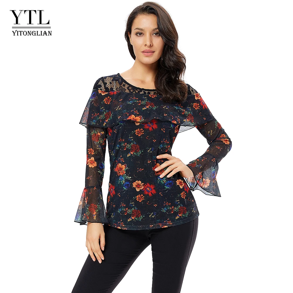 Блузка YTL Женская кружевная с рукавом лодочкой и цветочным принтом|Блузки| |