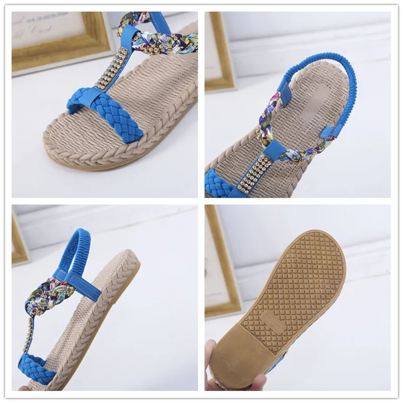 

2021 Summer New Women Sandals Bohemian Rhinestone Flat Fish Mouth Lightweight Breathable Sandals Classic Large Size 41 Black