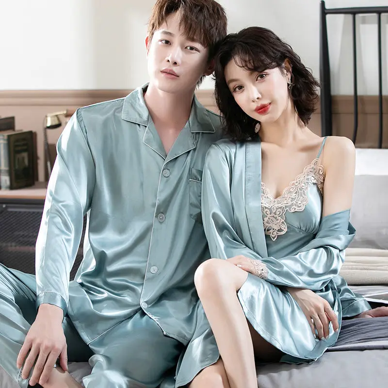 Couple Pajamas Spring and Summer Women Ice Silk Two-piece Long-sleeved Sexy Suspenders Chest Pad Robe Men's Suit Home Wear